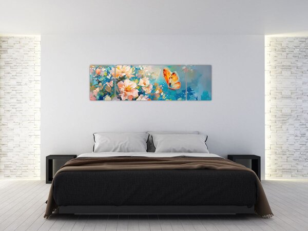 Obraz - Motyl i kwiaty, obraz olejny II. (170x50 cm)