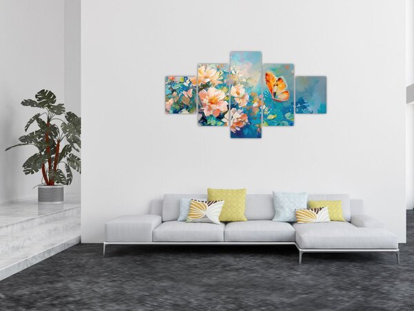 Obraz - Motyl i kwiaty, obraz olejny II. (125x70 cm)