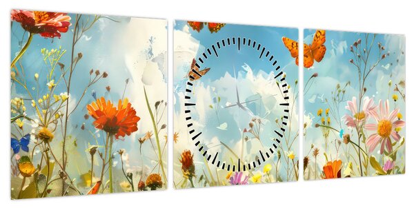 Obraz - Motyle na letniej łące (z zegarem) (90x30 cm)