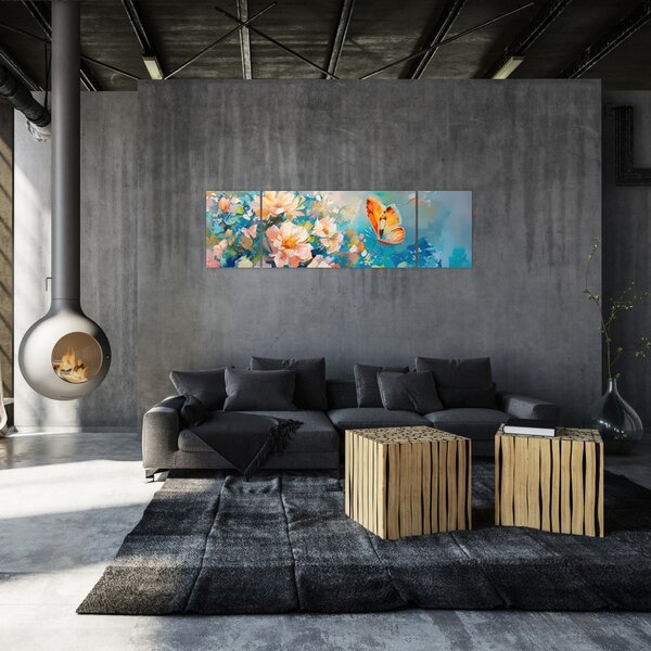 Obraz - Motyl i kwiaty, obraz olejny II. (170x50 cm)
