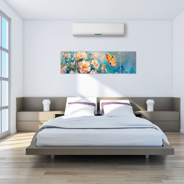 Obraz - Motyl i kwiaty, obraz olejny II. (170x50 cm)