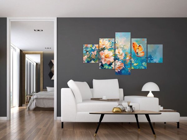 Obraz - Motyl i kwiaty, obraz olejny II. (125x70 cm)