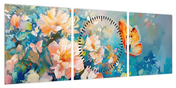 Obraz - Motyl i kwiaty, obraz olejny II. (z zegarem) (90x30 cm)