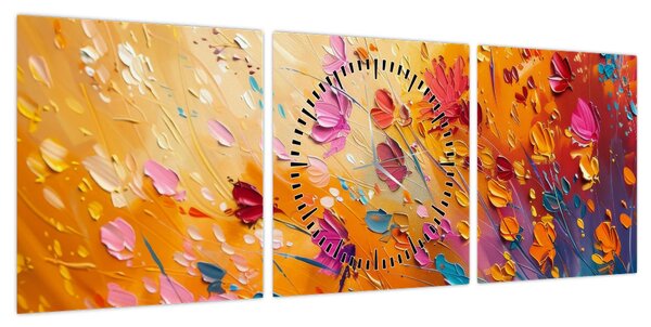 Obraz - Malowanie kolorowych kwiatów (z zegarem) (90x30 cm)