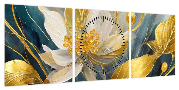 Obraz - Malowanie złotych kwiatów (z zegarem) (90x30 cm)