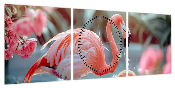 Obraz - Flaming w stawie (z zegarem) (90x30 cm)
