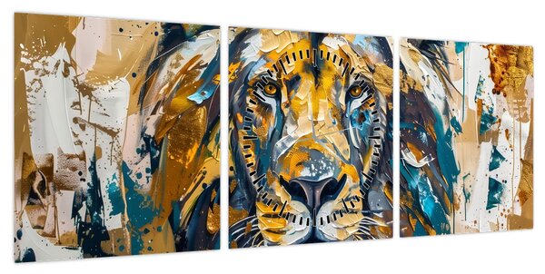 Obraz - Abstrakcyjny obraz olejny z lwem (z zegarem) (90x30 cm)