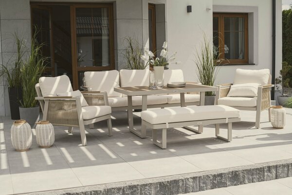 MebleMWM Zestaw mebli ogrodowych z aluminium PROVENCE | Beż + imitacja drewna | Beżowe poduszki