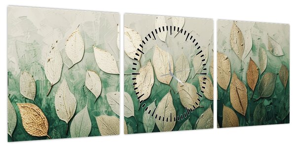 Obraz - Złoto-zielone liście (z zegarem) (90x30 cm)