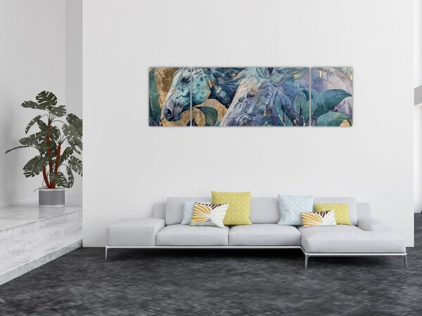 Obraz - Konie na złotym tle (170x50 cm)
