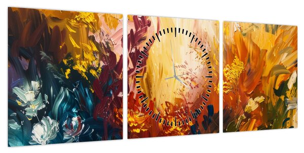 Obraz - Abstrakcyjny obraz kwiatów (z zegarem) (90x30 cm)