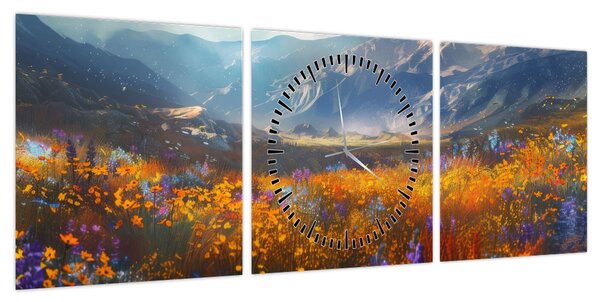 Obraz - Malowany górski krajobraz II. (z zegarem) (90x30 cm)
