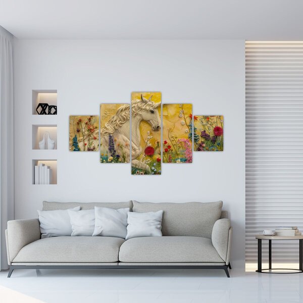 Obraz - Jednorożec z kwiatami (125x70 cm)