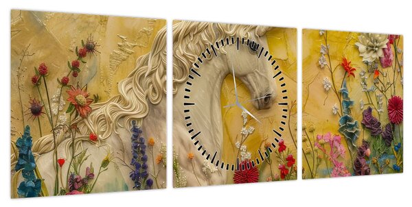 Obraz - Jednorożec z kwiatami (z zegarem) (90x30 cm)
