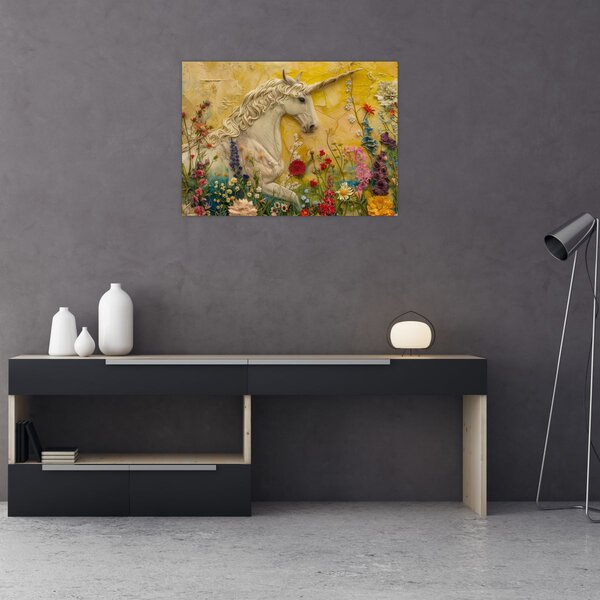 Obraz - Jednorożec z kwiatami (70x50 cm)