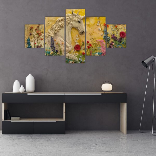 Obraz - Jednorożec z kwiatami (125x70 cm)