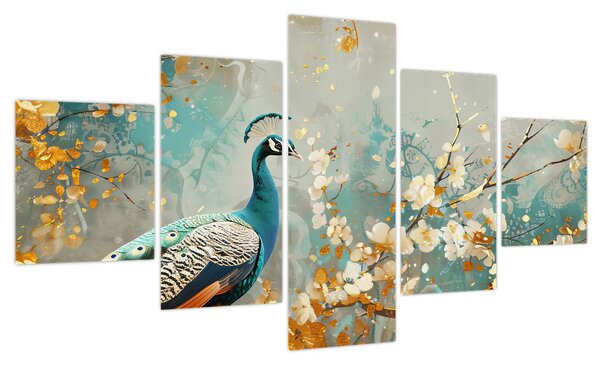 Obraz - Paw ze złotą dekoracją (125x70 cm)