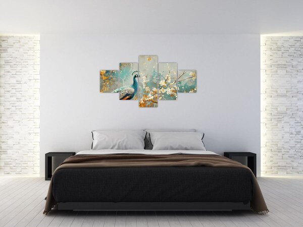 Obraz - Paw ze złotą dekoracją (125x70 cm)