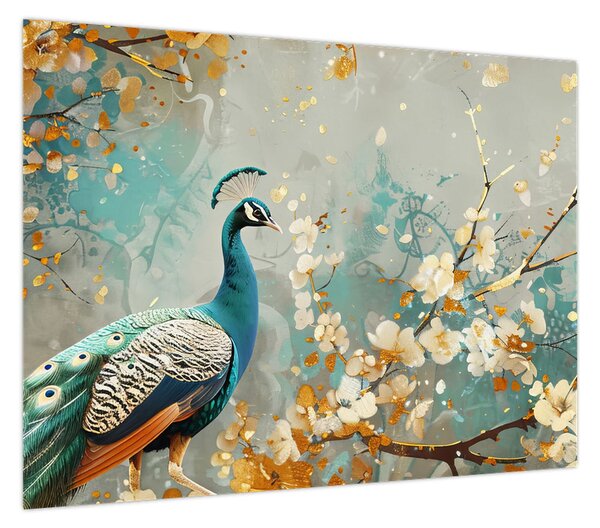 Obraz - Paw ze złotą dekoracją (70x50 cm)