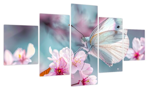 Obraz - Motyl na drzewie wiśni (125x70 cm)