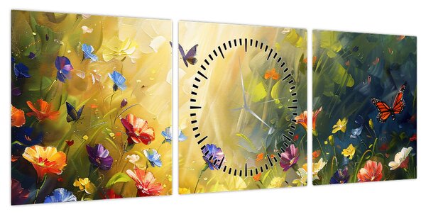 Obraz - Wiosenna łąka kwiatowa, malarstwo (z zegarem) (90x30 cm)