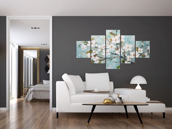 Obraz - Malowanie, kwitnące gałęzie drzew (125x70 cm)