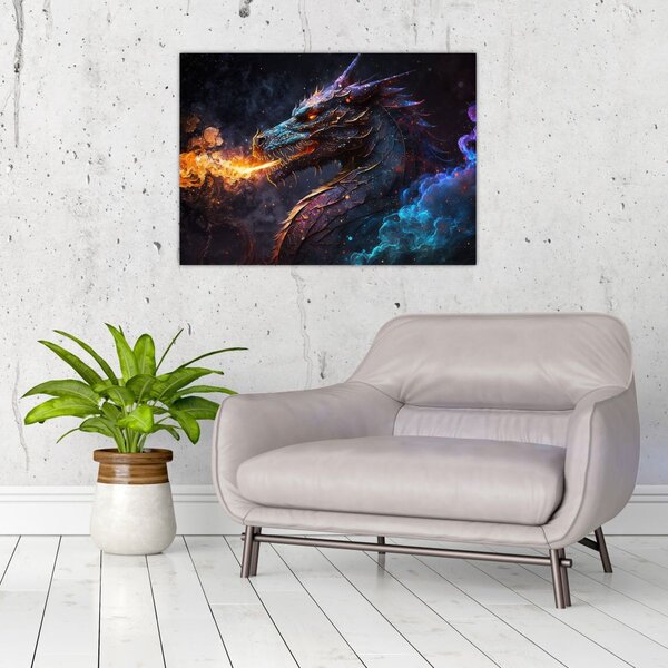 Obraz - Smok plujący płomieniami (70x50 cm)