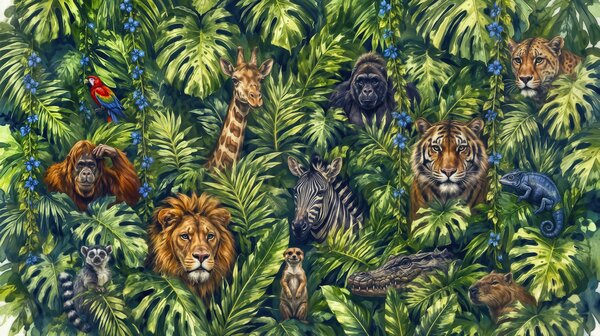 Fototapeta Grupa zwierząt w dżungli, Fototapety Natura, Popularne Fototapety, t00891 - Tapeko.pl
