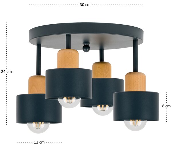 Antracytowa lampa sufitowa, czteropunktowy spot D4BU3030AN z drewna i