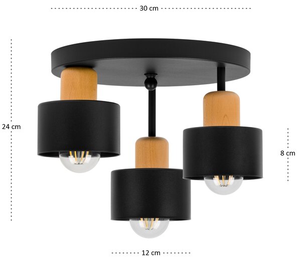 Czarna lampa sufitowa, trzypunktowy spot DBU3030SC z drewna i metalu E