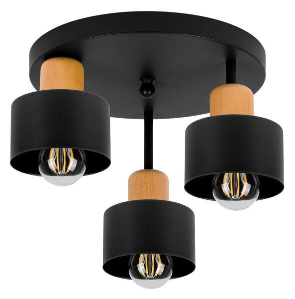 Czarna lampa sufitowa, trzypunktowy spot DBU3030SC z drewna i metalu E