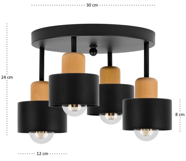 Czarna lampa sufitowa, czteropunktowy spot D4BU3030SC z drewna i metal