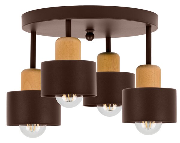 Brązowa lampa sufitowa, czteropunktowy spot D4BU3030BR z drewna i meta