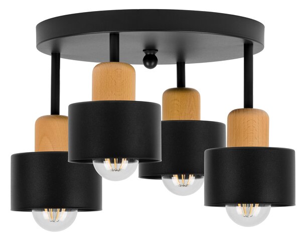 Czarna lampa sufitowa, czteropunktowy spot D4BU3030SC z drewna i metal