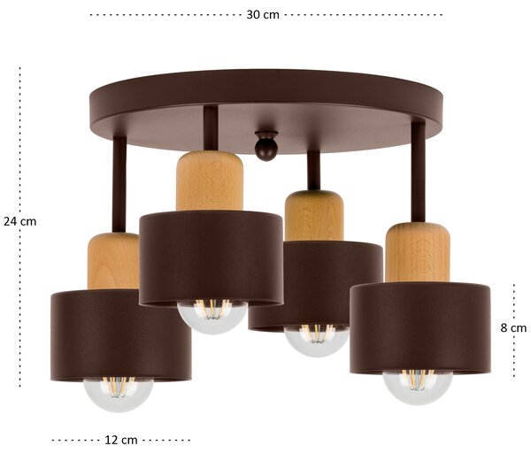 Brązowa lampa sufitowa, czteropunktowy spot D4BU3030BR z drewna i meta