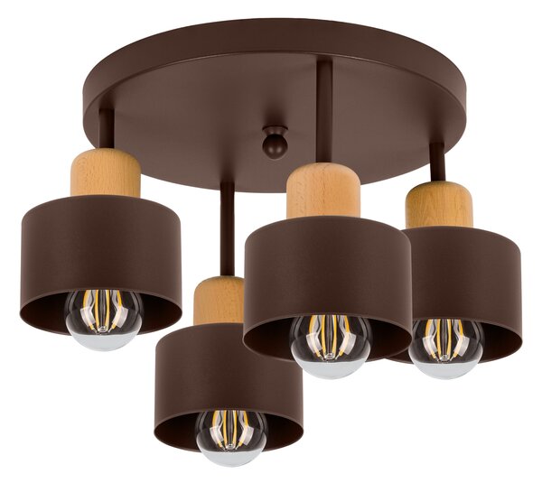 Brązowa lampa sufitowa, czteropunktowy spot D4BU3030BR z drewna i meta