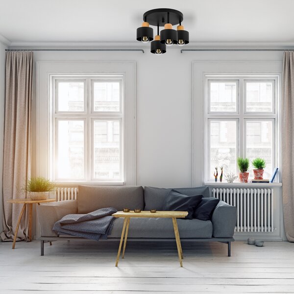 Czarna lampa sufitowa, czteropunktowy spot D4BU3030SC z drewna i metal