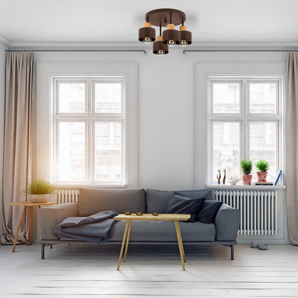Brązowa lampa sufitowa, czteropunktowy spot D4BU3030BR z drewna i meta