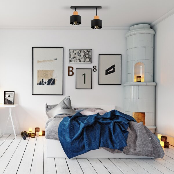 Czarna lampa sufitowa, dwupunktowy spot DBU3306SC z drewna i metalu E2