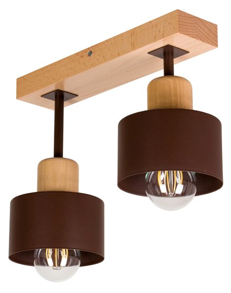 Brązowa lampa sufitowa, dwupunktowy spot DBR30x7BU z drewna i metalu E