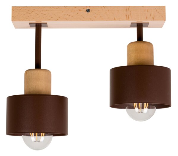 Brązowa lampa sufitowa, dwupunktowy spot DBR30x7BU z drewna i metalu E