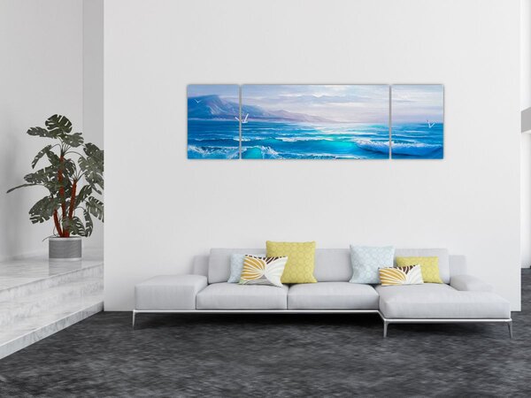 Obraz - Obraz olejny przedstawiający morze z mewami (170x50 cm)