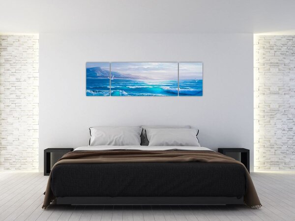 Obraz - Obraz olejny przedstawiający morze z mewami (170x50 cm)