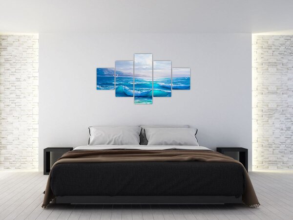 Obraz - Obraz olejny przedstawiający morze z mewami (125x70 cm)