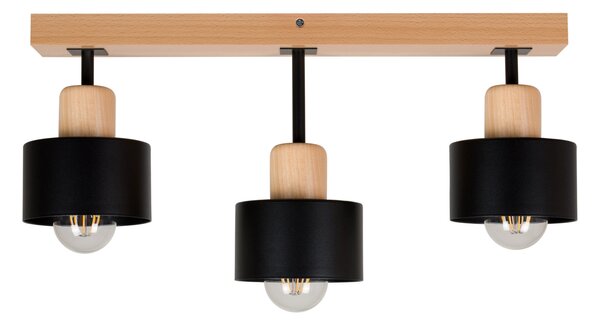 Czarna lampa sufitowa, trzypunktowy spot DSC50x7BU z drewna i metalu E