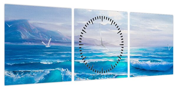 Obraz - Obraz olejny przedstawiający morze z mewami (z zegarem) (90x30 cm)