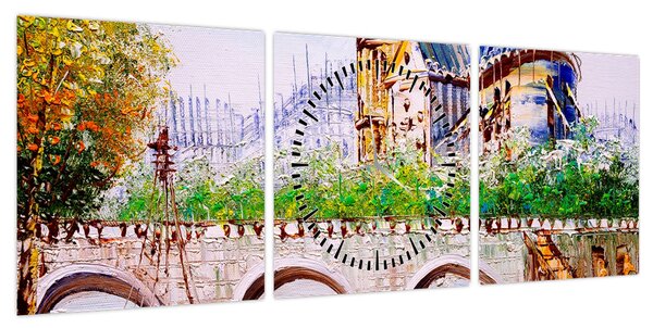 Obraz - Obraz olejny przedstawiający miasto (z zegarem) (90x30 cm)
