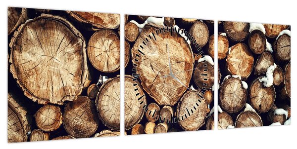 Obraz - Drewno w śniegu (z zegarem) (90x30 cm)