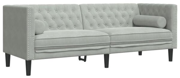 Sofa chesterfield z waÅkami, trzyosobowa, jasnoszara, aksamit