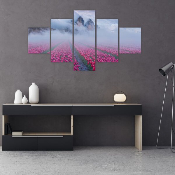 Obraz - Krajobraz z polami tulipanów (125x70 cm)